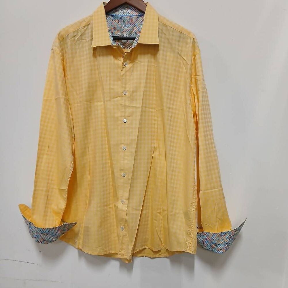 Bugatchi mens xl big tall gingham plaid yellow button down shirt flip cuff